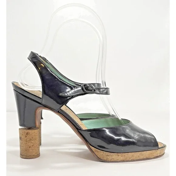 Chanel "Chateau Chanel" Wine Cork Heel Pumps Black Patent w Blue Accent Sz 37.5 - Picture 3 of 12